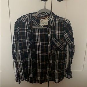 Blue, Tan, and White Button Up Flannel